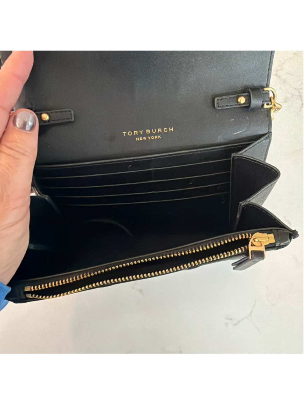 Women's Tory Burch Quilted Leather Crossbody Bag in Black and Gold - Picture 2 of 3